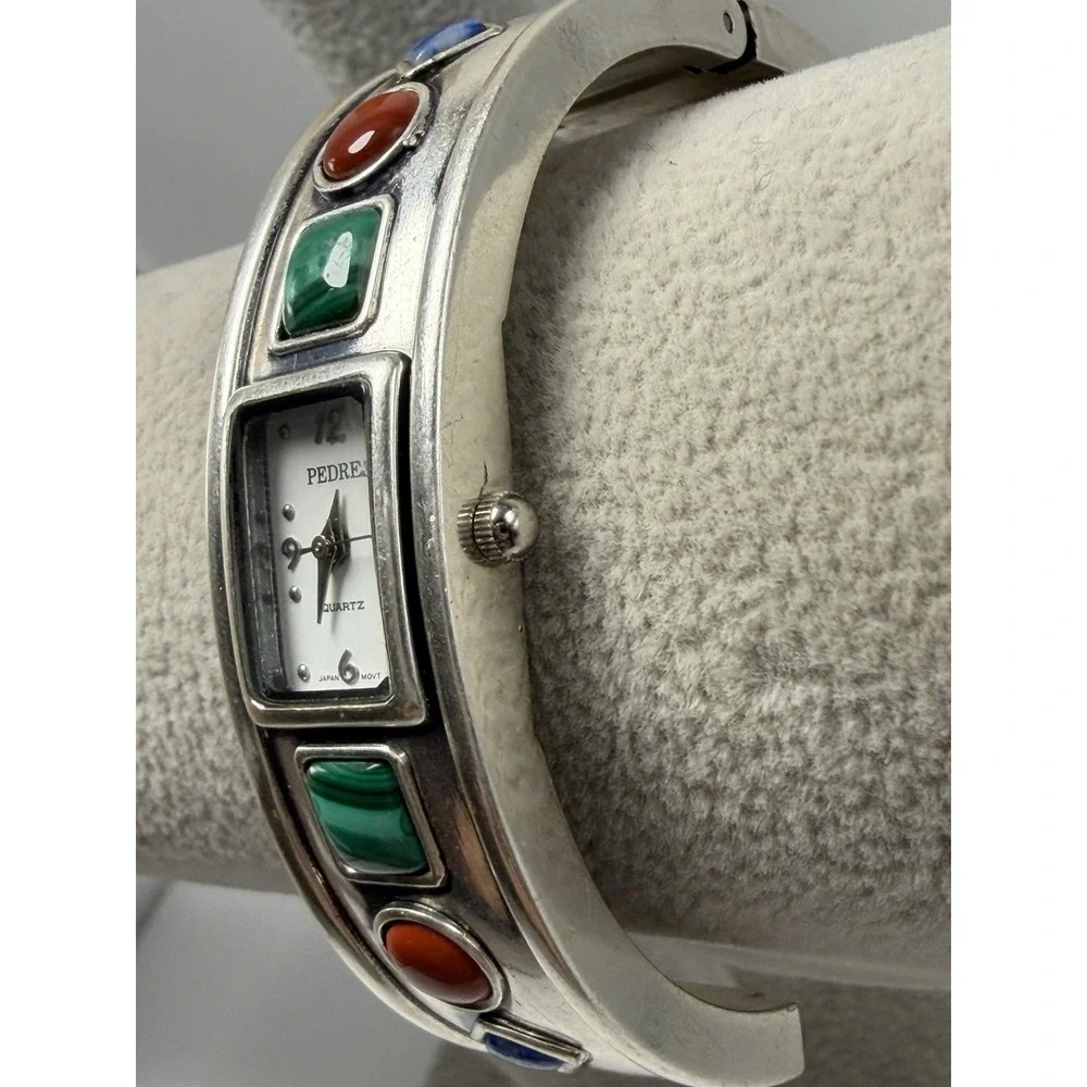 Pedre Ladies Watch Silver Tone Red Blue Green Stone Cuff New Battery 6.25